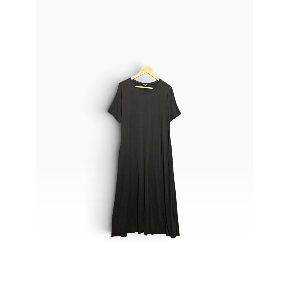 Eileen Fisher Black Midi Dress Size L Short Sleeve Stretch Minimalist A-Line